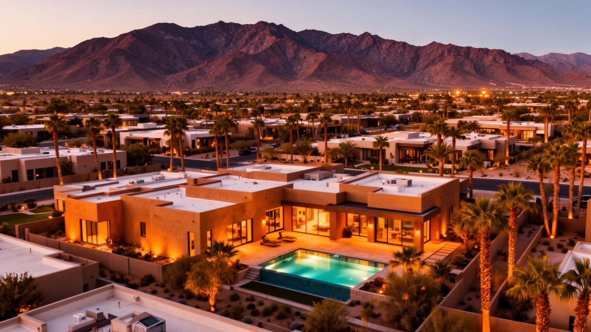 Aerial view of a Henderson desert neighborhood at dusk