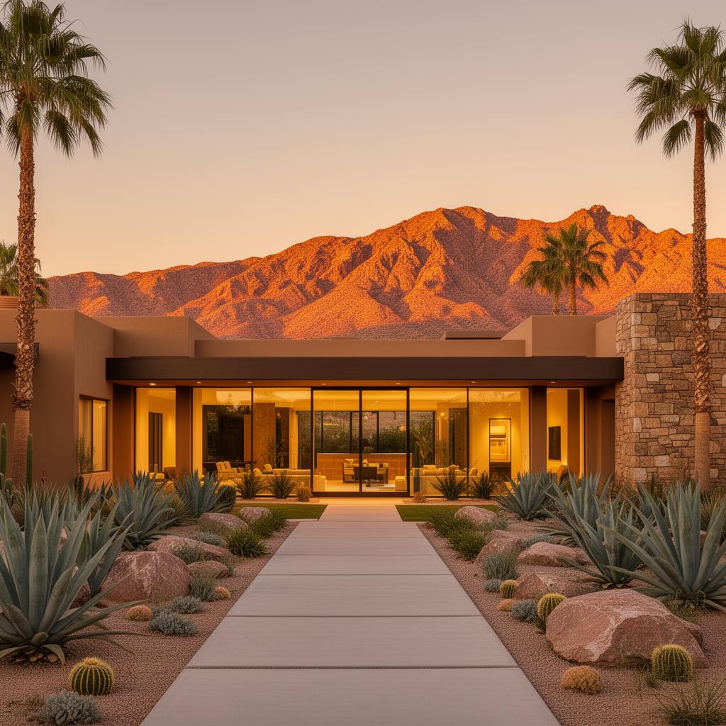 Luxury Summerlin desert-contemporary home at golden hour with Red Rock mountain backdrop