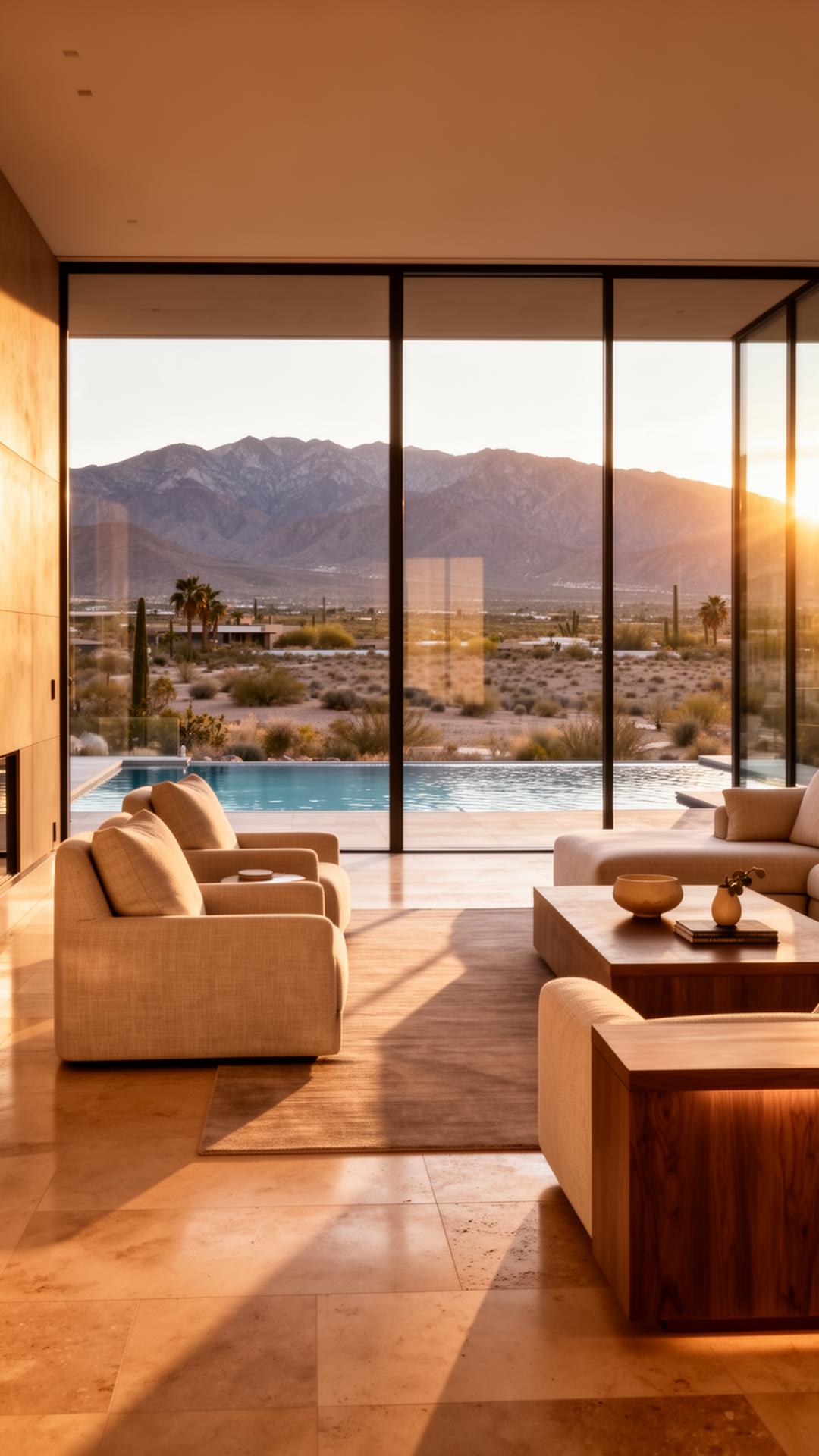 Warm minimalist living room of a Las Vegas desert home with mountain view at sunset
